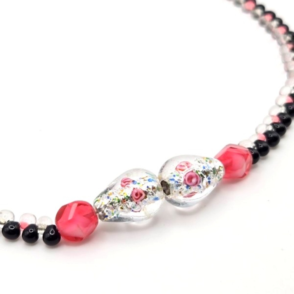 Handmade Beaded Choker Necklace Lampwork Glass Pink Floral Foil Focals 925 Clasp